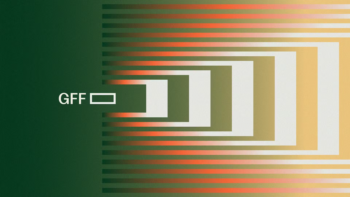Logo of GFF and a rectangular box sit white on a green background centre left on the screen, box-like orange-white waves expand across the screen to the right.