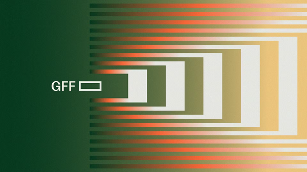 Logo of GFF and a rectangular box sit white on a green background centre left on the screen, box-like orange-white waves expand across the screen to the right.